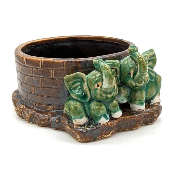 Vintage Majolica Lucky Elephant Planter Two Green Elephants Trunks Up China - Picture 1 of 12